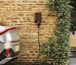 Home EV charger installed on a rendered wall beside a driveway